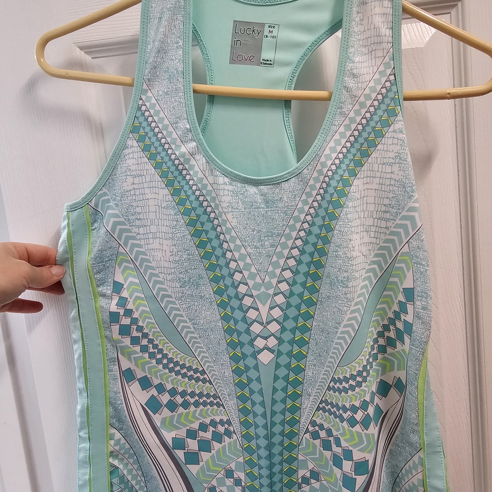 Lucky in Love Aqua and White Geometric Tank